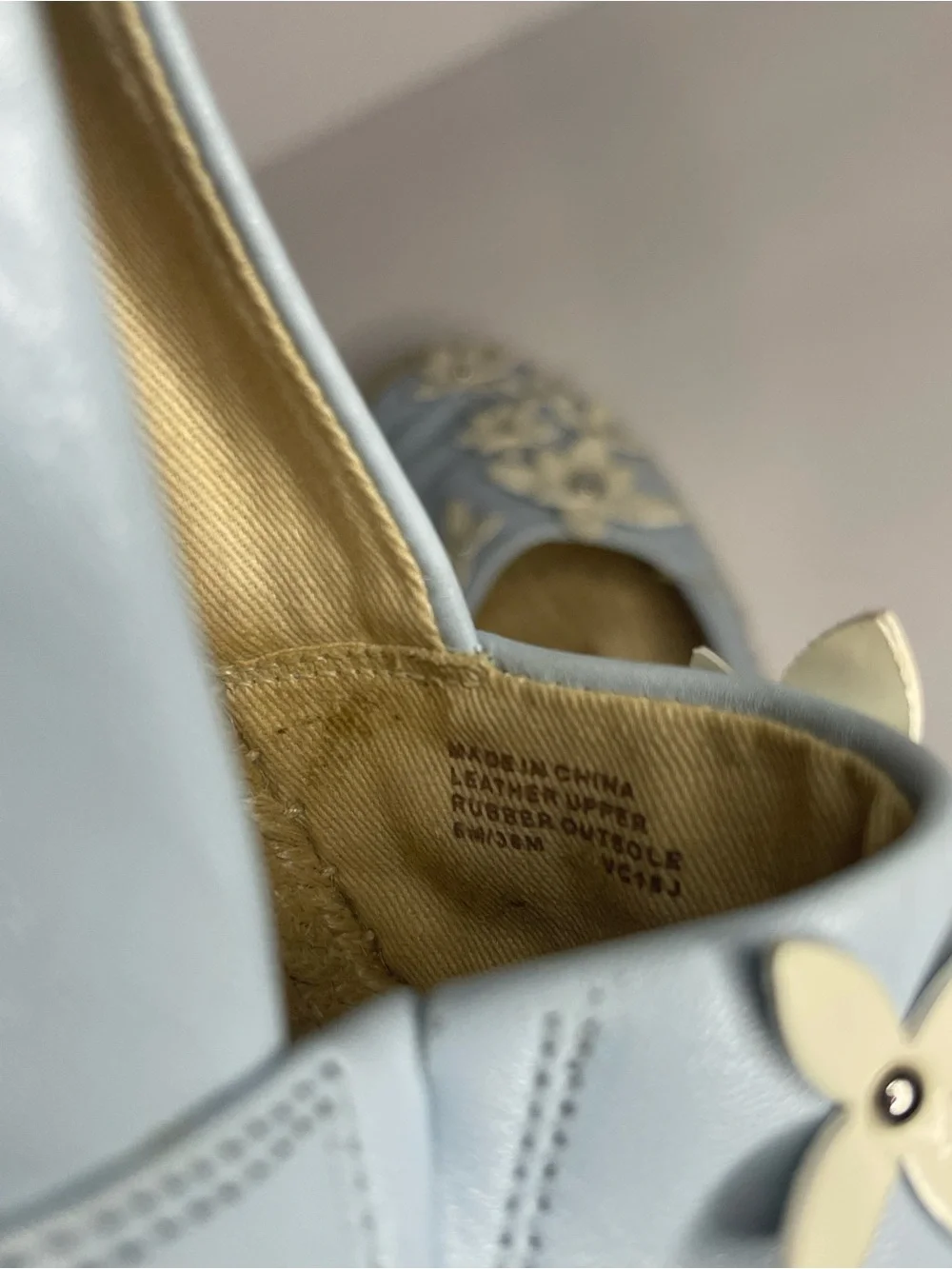 Michael Kors Light Blue Leather Lola Espadrilles size 36 Floral Appliqué
